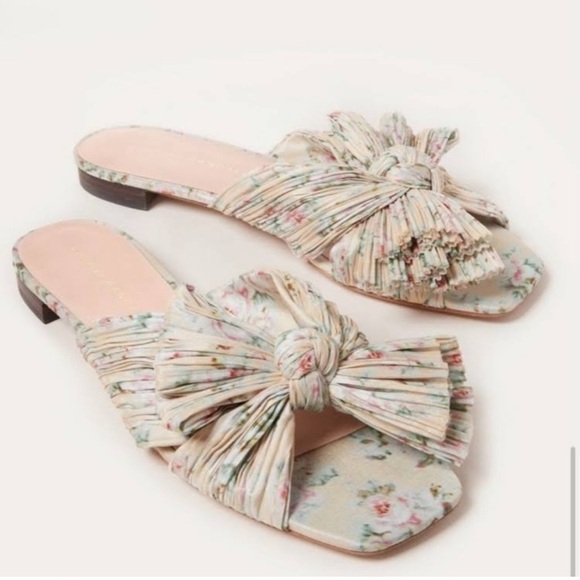 Loeffler Randall Daphne Pleated Knotted Slide Sandals Tan Floral